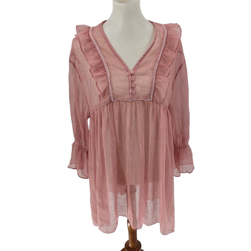 Sheer Pink Ruffled V-Neck Tunic Blouse With Button Detail & Flared Sleeves